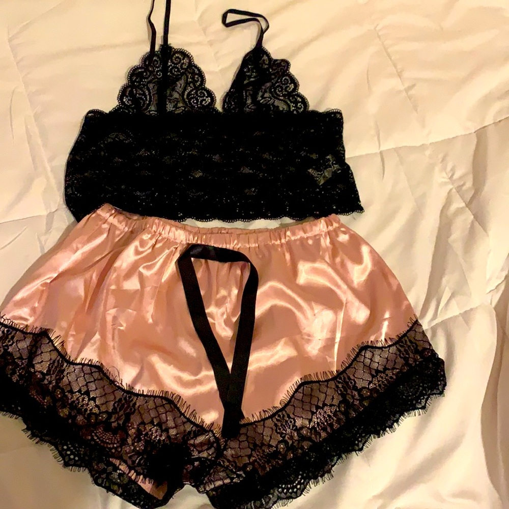 Silky pink & black sexy shorts with matching top